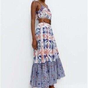 Uterque Sling Printed Maxi Long Dress Beaded Embroidered Block Blue M New 225236